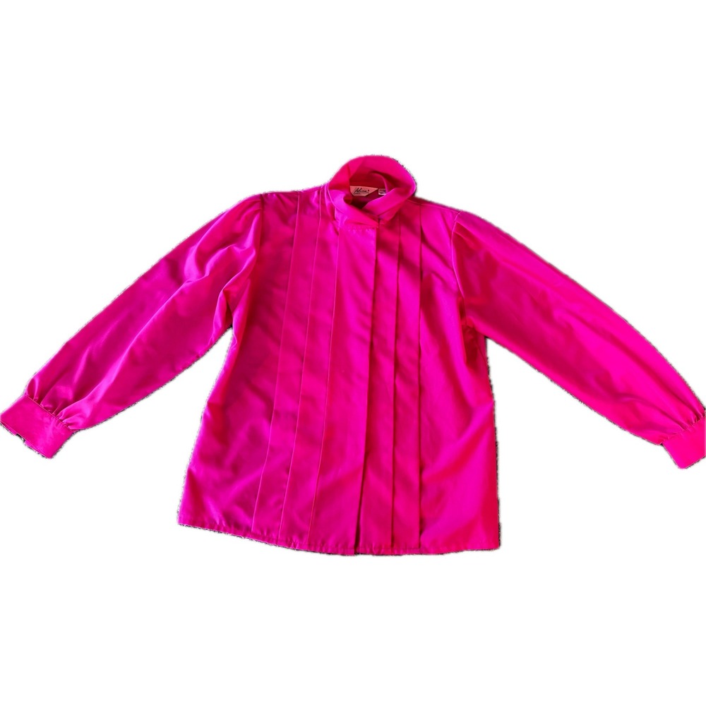 Vintage 80's Hot Pink Pleated Mock Neck Blouse Women's Size 14 Long Sleeve
